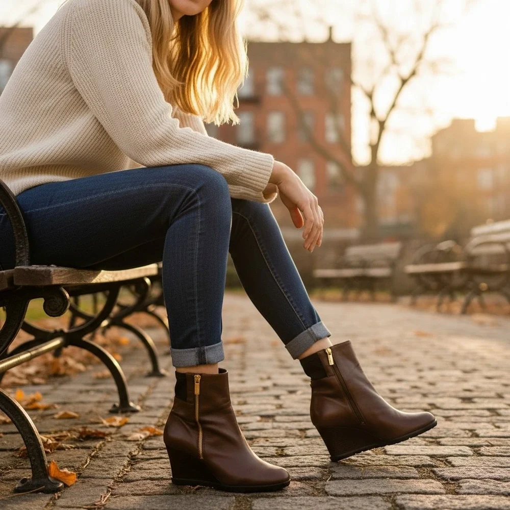 Michael Kors‎ Brown Leather Wedge Ankle Boots Gold Zip Lug Sole Womens 7.5M